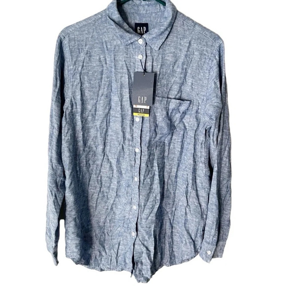 GAP Shirt Women's Medium Chambray Linen Blend Button Down Blouse Coastal Preppy - Picture 1 of 7